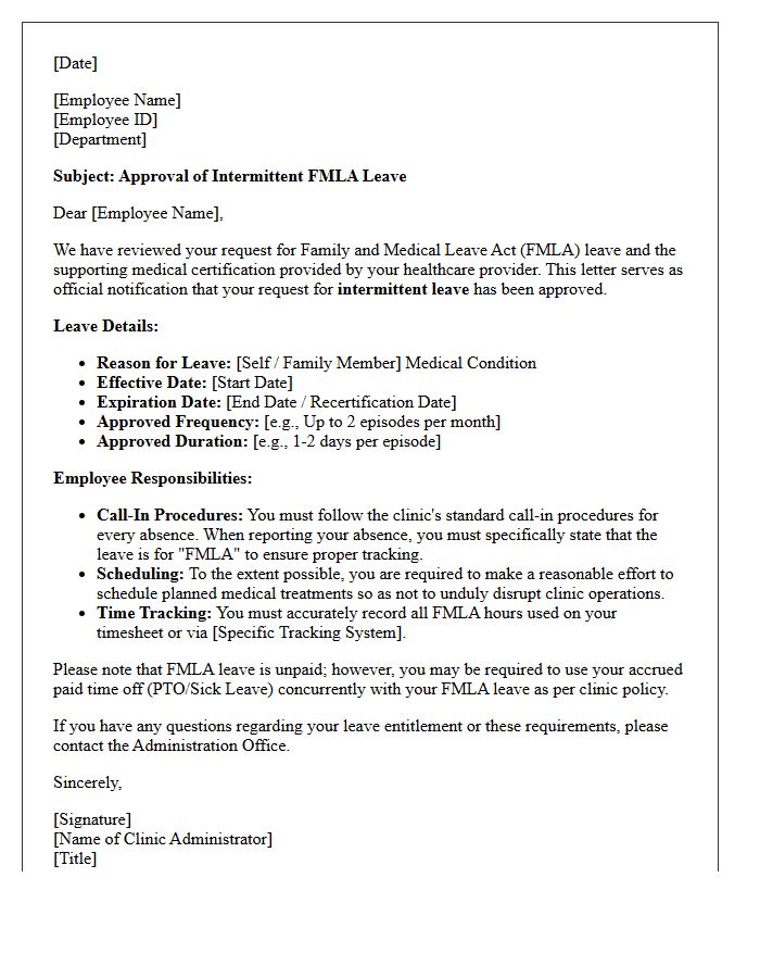 Clinic Administrator Approval Letter For Intermittent FMLA Leave Schedule