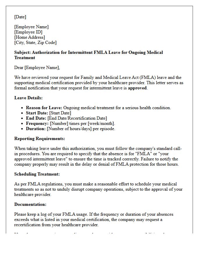 Ongoing Medical Treatment Intermittent FMLA Leave Schedule Authorization Letter