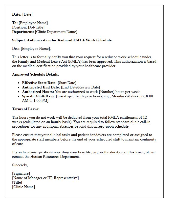 Authorization Letter for Reduced FMLA Work Schedule in Medical Clinic