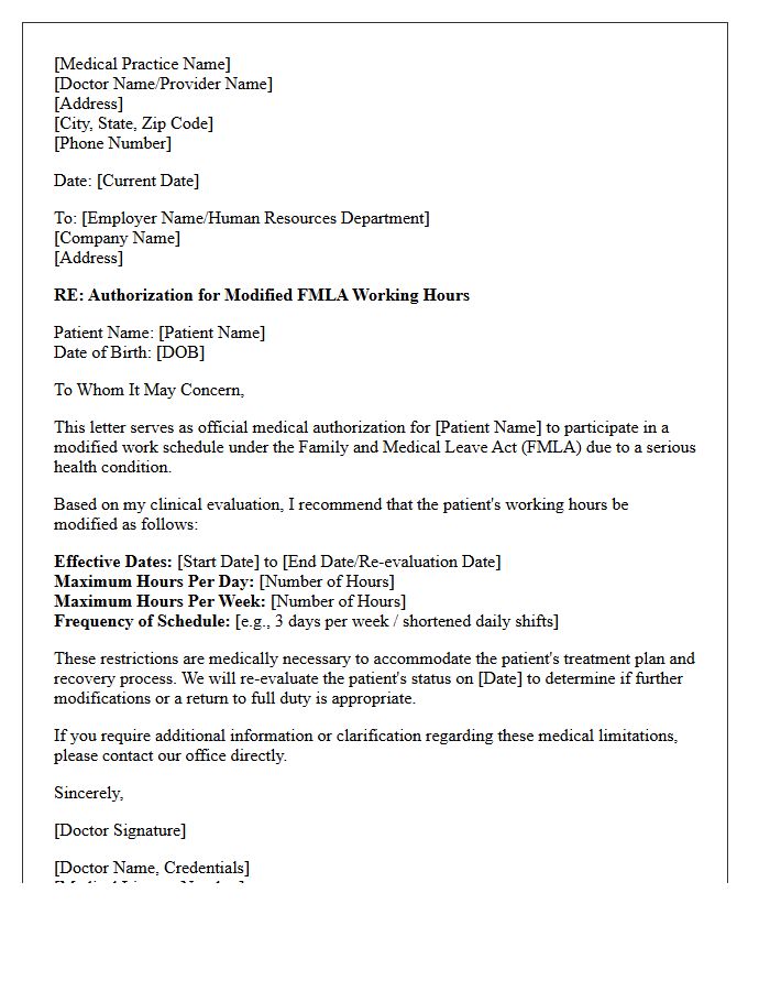 Medical Practice Authorization Letter for Modified FMLA Hours