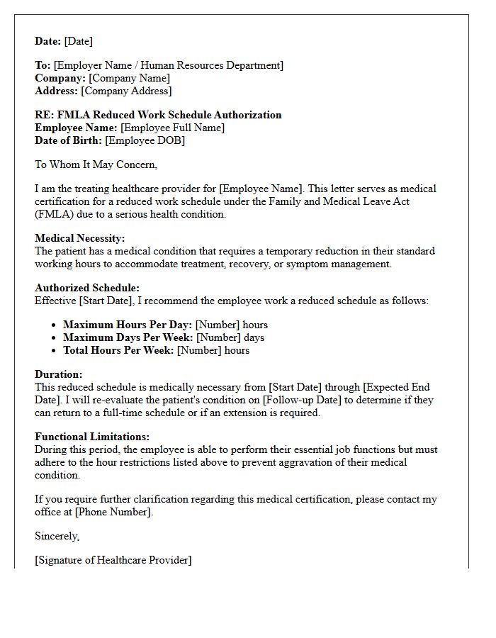 Healthcare Provider FMLA Reduced Work Schedule Authorization Letter