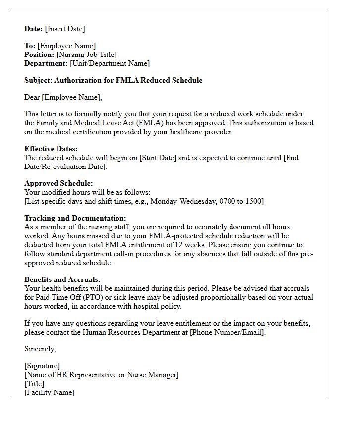Letter of Authorization for Nursing Staff FMLA Schedule Reduction