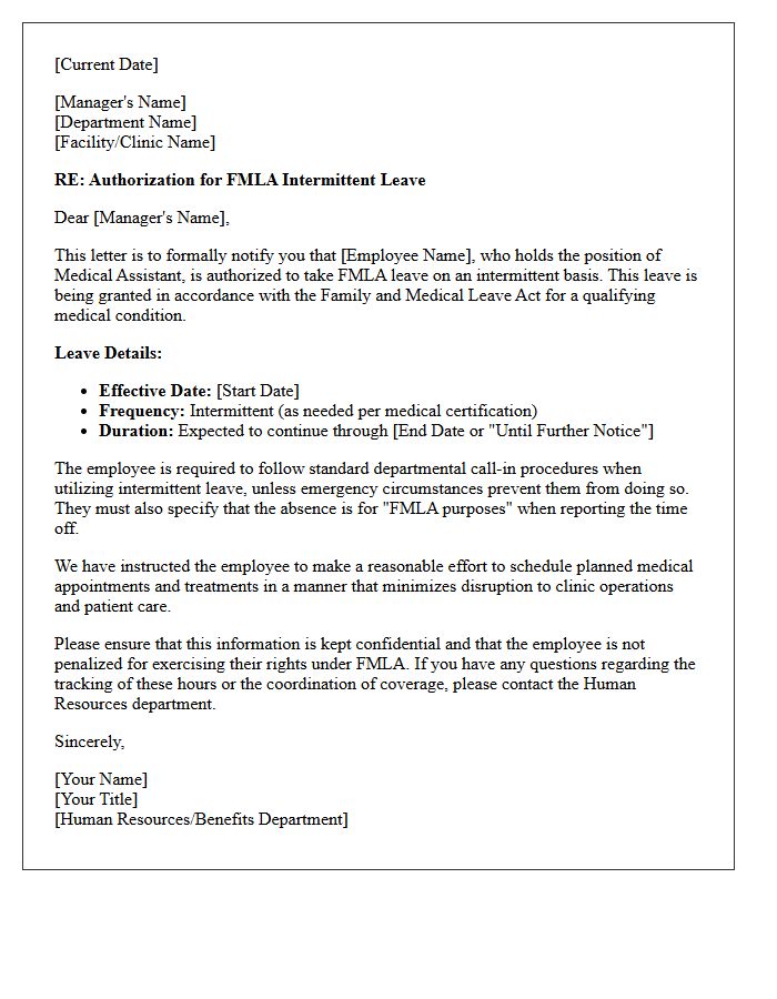 Authorization Letter for Medical Assistant FMLA Intermittent Leave