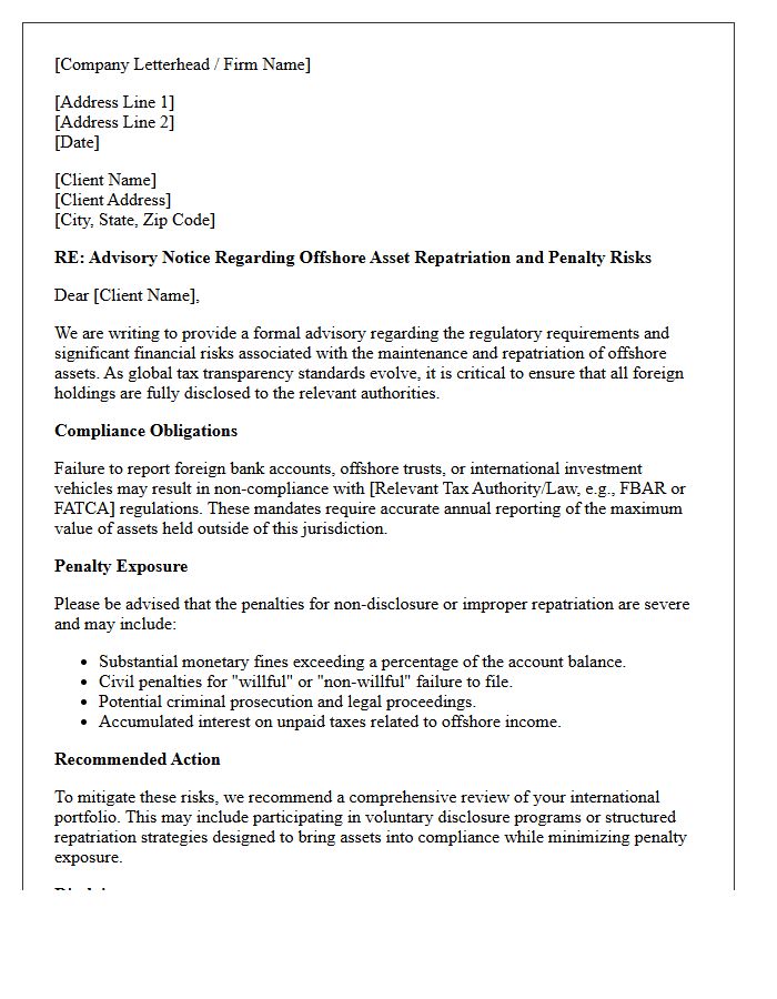 Offshore Asset Repatriation Penalty Risk Advisory Letter