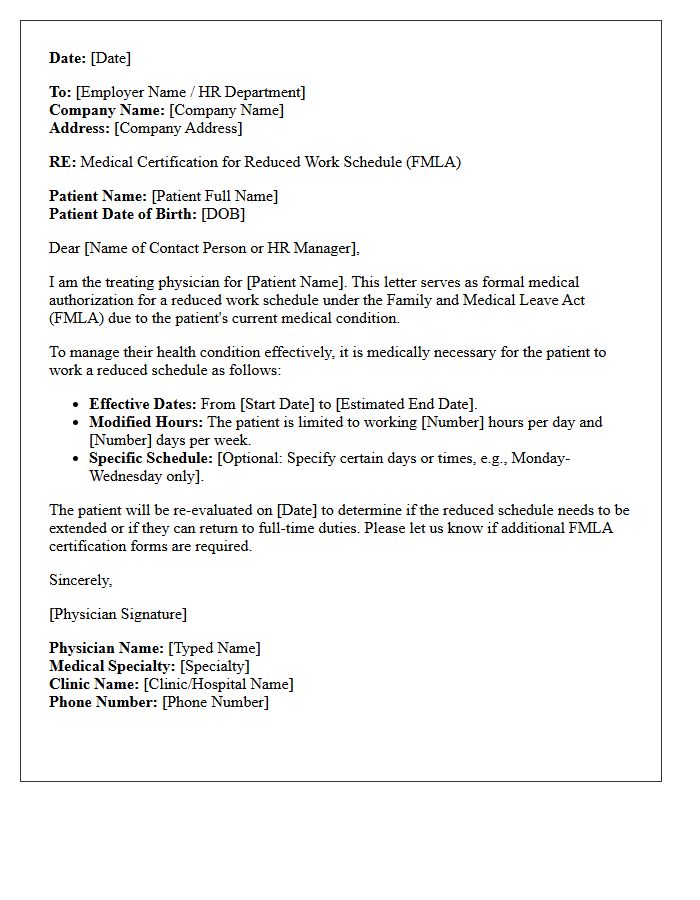 Physician Reduced FMLA Work Schedule Authorization Letter