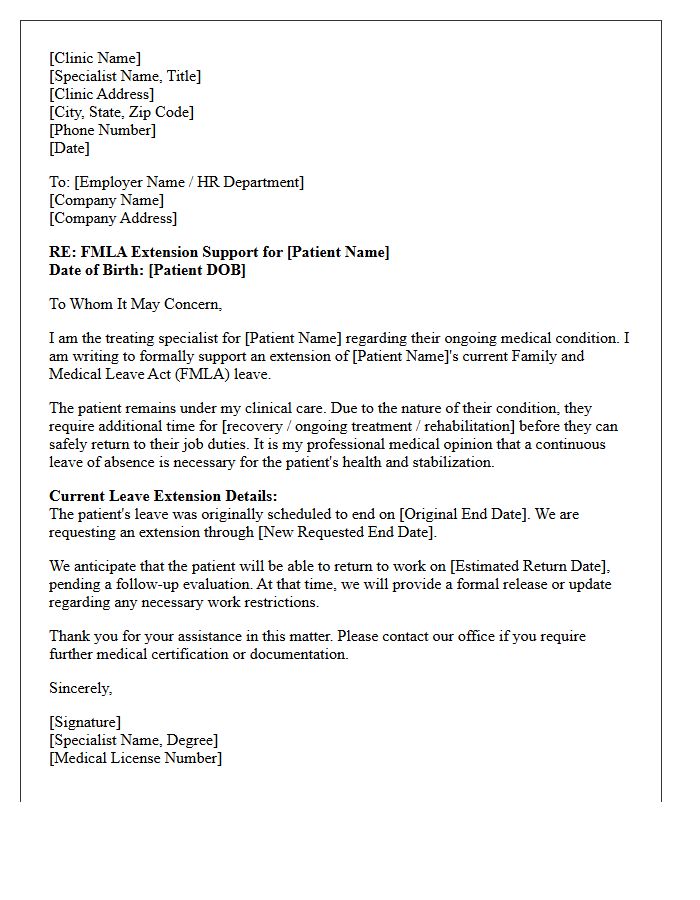 Medical Clinic Specialist Letter Supporting FMLA Extension