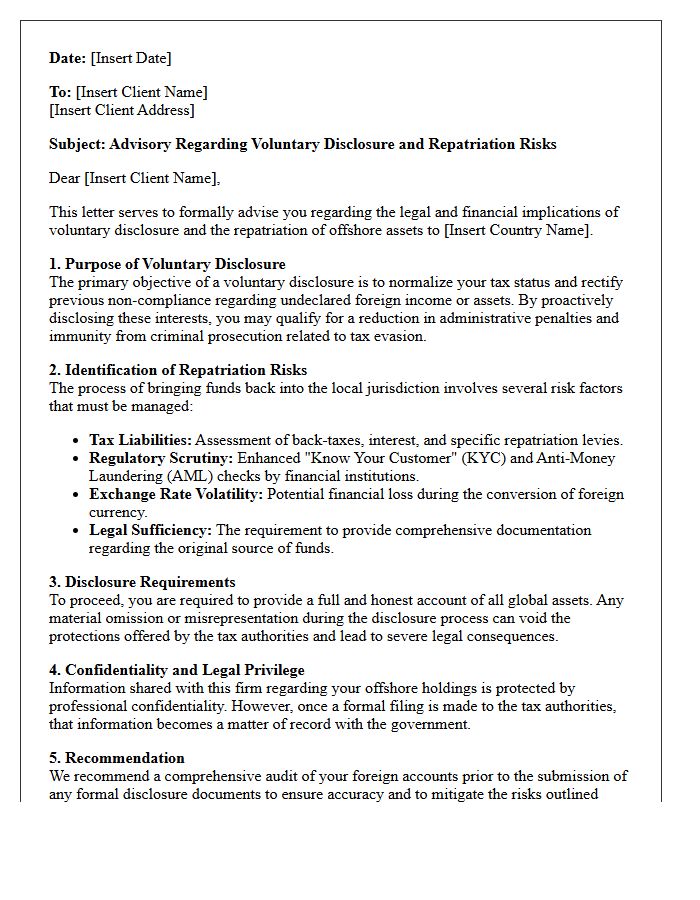 Voluntary Disclosure and Repatriation Risk Advisory Letter