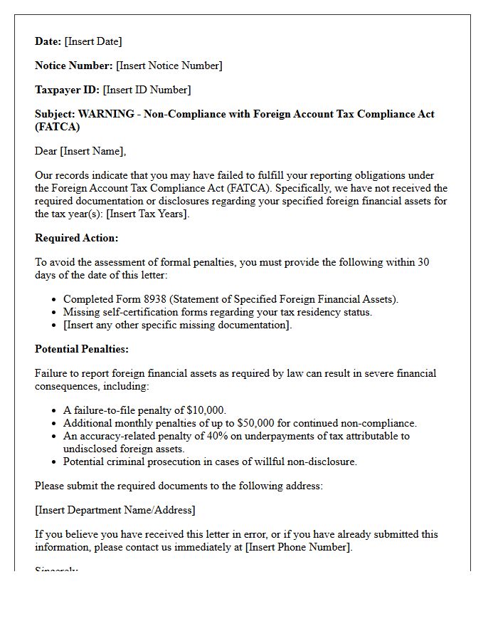 Foreign Account Tax Compliance Act Penalty Warning Letter