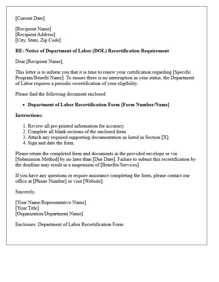 Enclosed Department Of Labor Recertification Letter Form