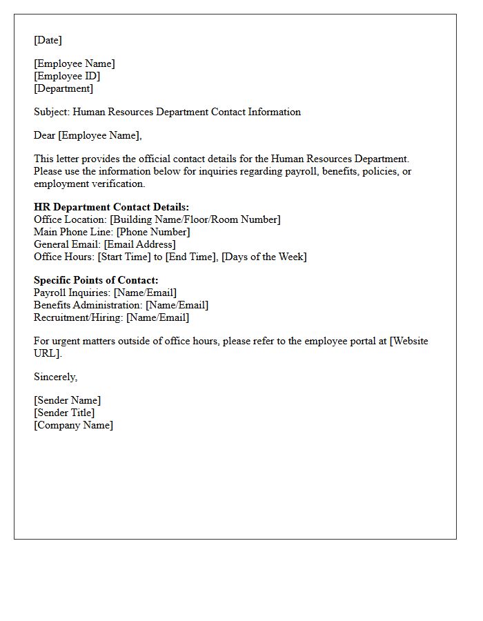 Human Resources Department Letter Contact Information