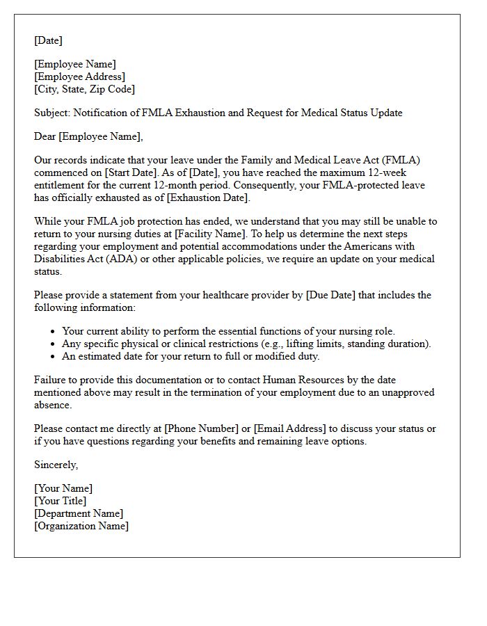 Nursing Staff FMLA Exhaustion and Medical Status Update Letter