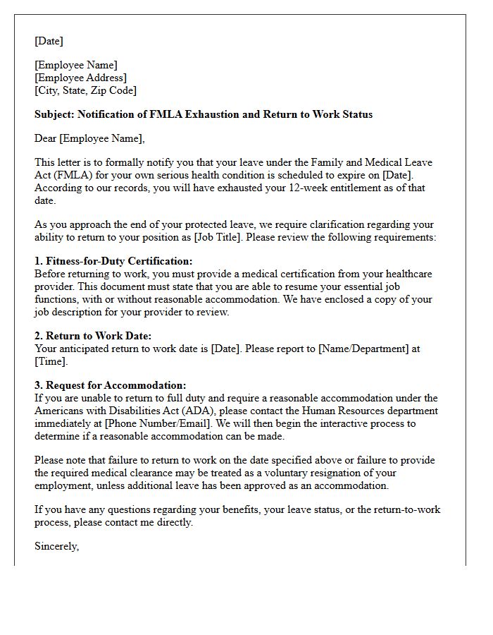 Clinical Support FMLA Exhaustion and Return to Work Letter