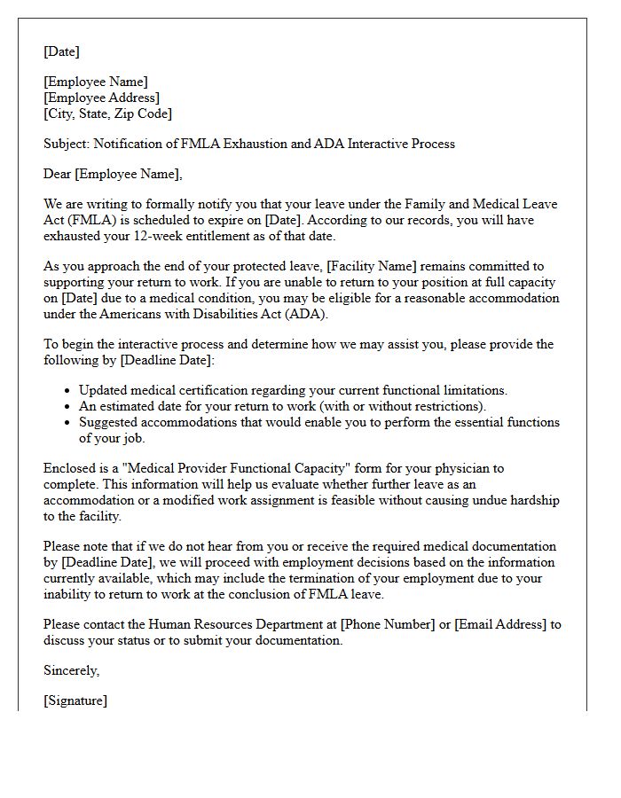 Medical Facility FMLA Exhaustion and Accommodation Review Letter