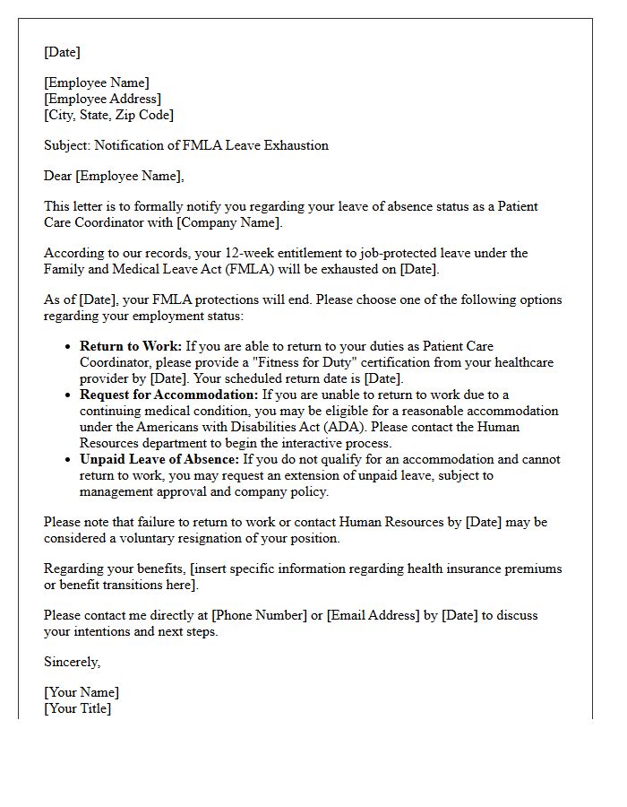 Patient Care Coordinator FMLA Exhaustion Notification Letter