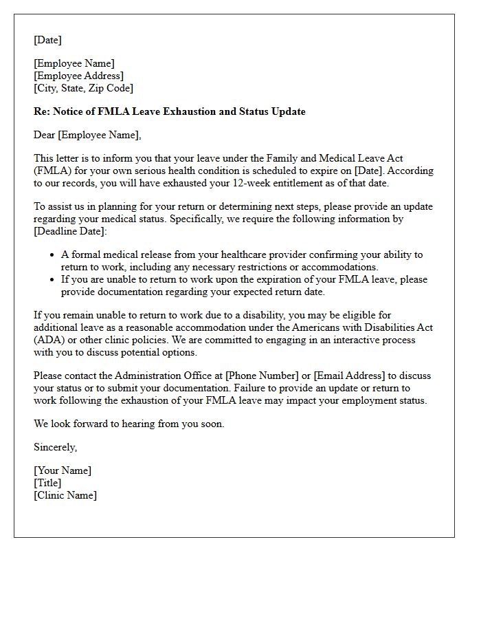 Medical Clinic Administrator FMLA Exhaustion and Update Letter