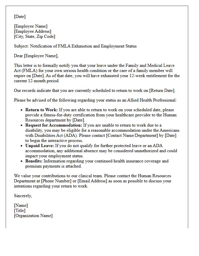 Allied Health Professional FMLA Exhaustion Status Letter