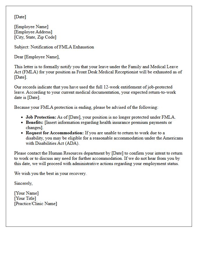 Front Desk Medical Receptionist FMLA Exhaustion Letter