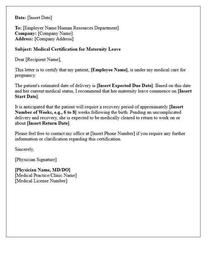 Standard Maternity Leave Medical Certification Letter