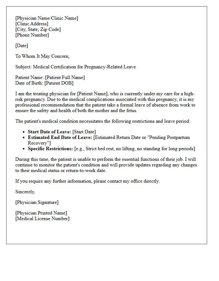 High-Risk Pregnancy Leave Medical Certification Letter