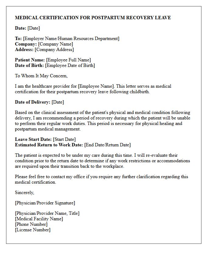 Postpartum Recovery Leave Medical Certification Letter