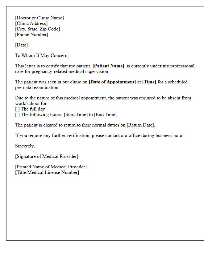 Pre-Natal Care Absence Medical Certification Letter