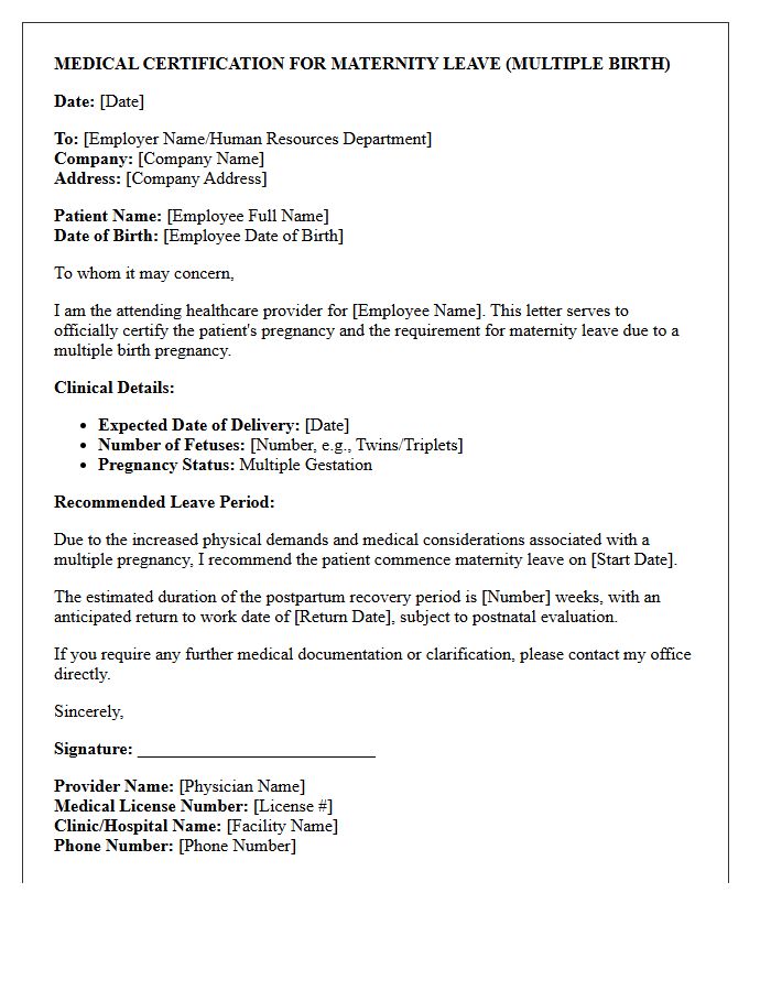 Multiple Birth Maternity Leave Medical Certification Letter