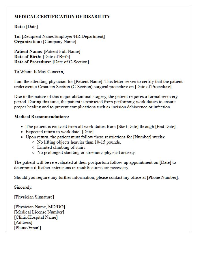 Cesarean Section Recovery Medical Certification Letter