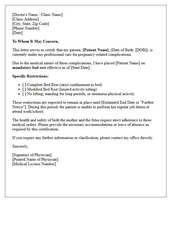 Pregnancy Bed Rest Medical Certification Letter
