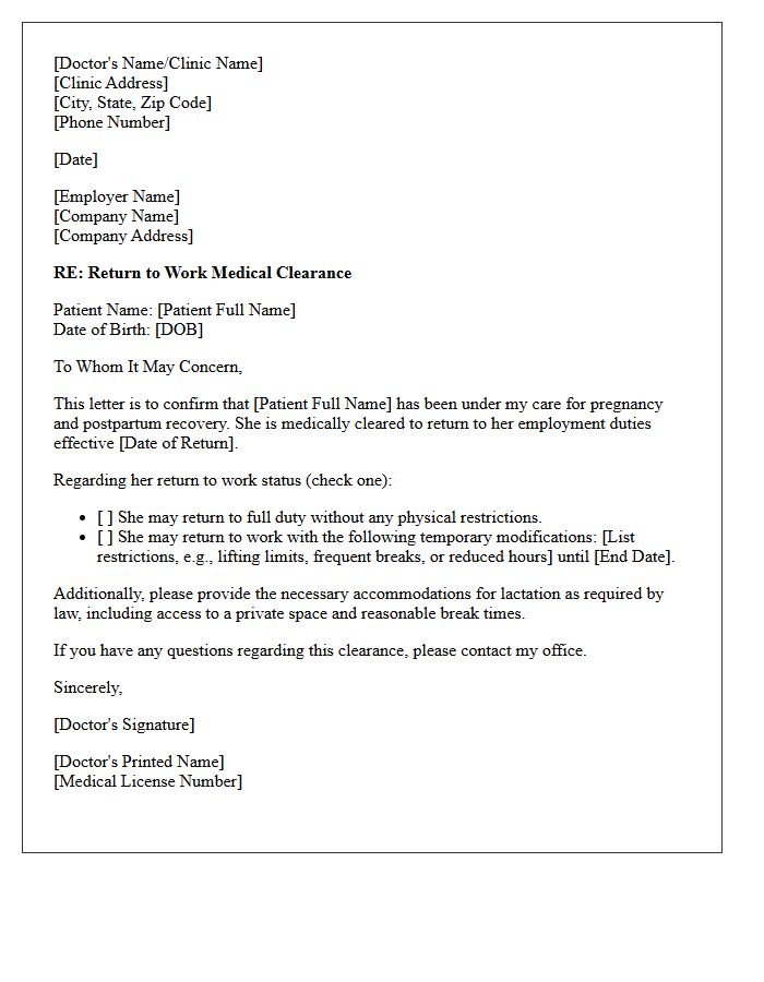 Return To Work Maternity Medical Clearance Letter