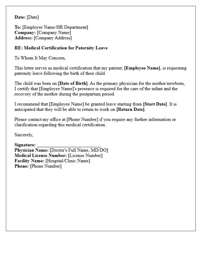 Physician Certified Paternity Leave Medical Letter