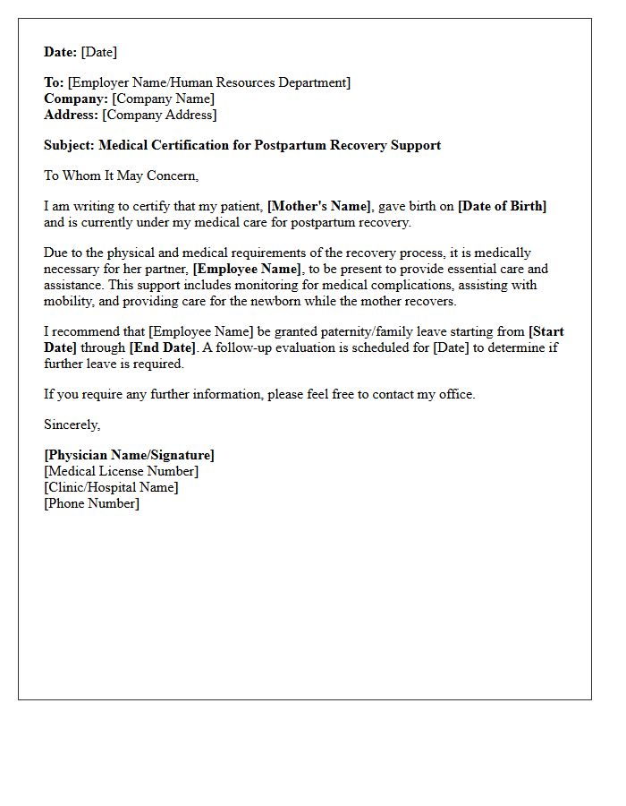 Postpartum Recovery Paternity Leave Certification Letter