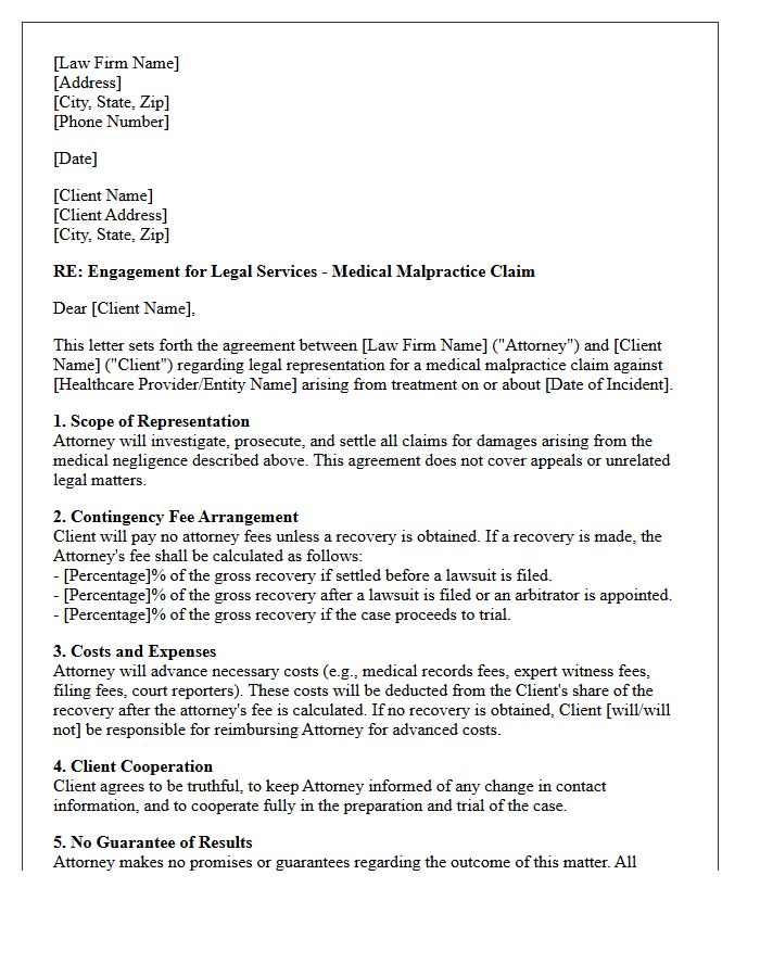 Medical Malpractice Contingency Fee Representation Engagement Letter