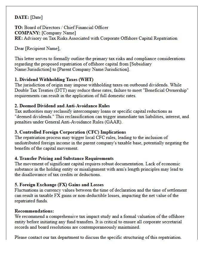 Corporate Offshore Capital Repatriation Tax Risk Letter
