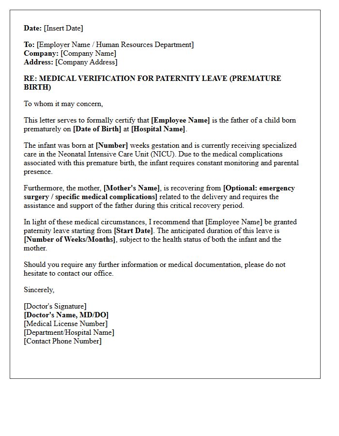 Premature Birth Paternity Leave Medical Letter