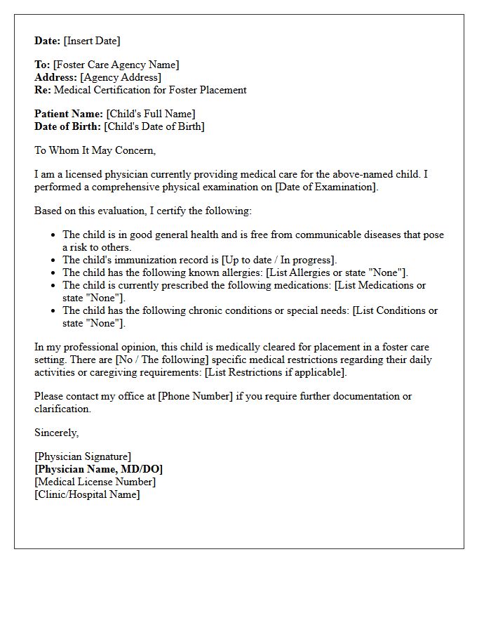 Medical Certification Letter for Foster Child Placement