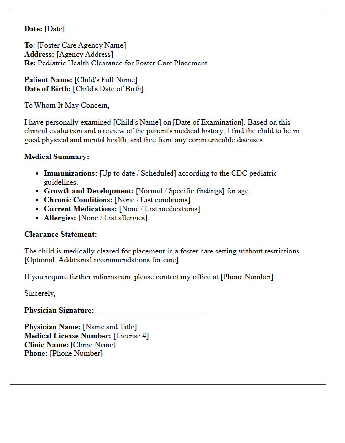 Pediatric Health Clearance Letter for Foster Care