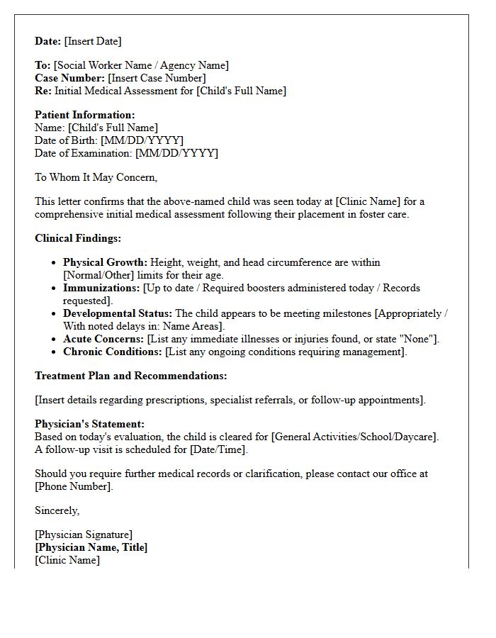 Foster Child Medical Assessment Letter from Clinic