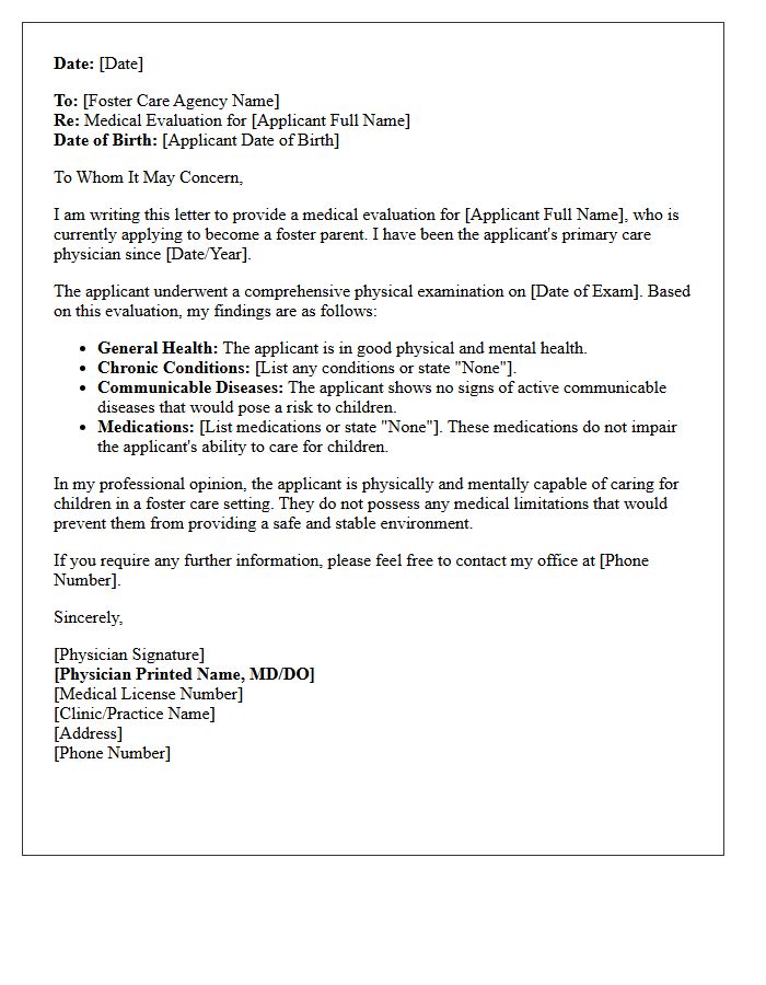 Physician Evaluation Letter for Foster Placement