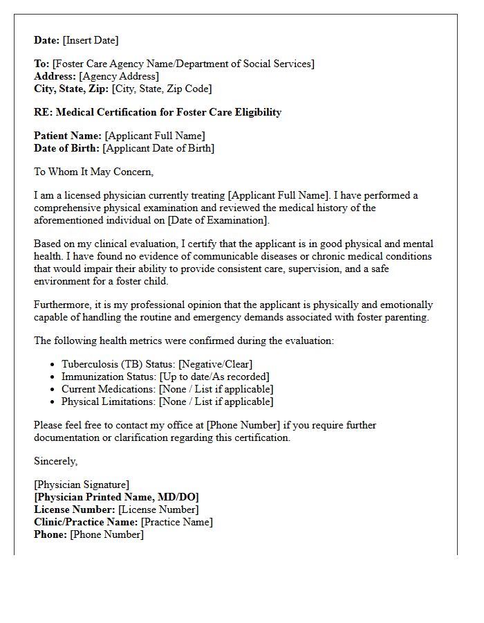 Letter of Medical Certification for Foster Care Eligibility