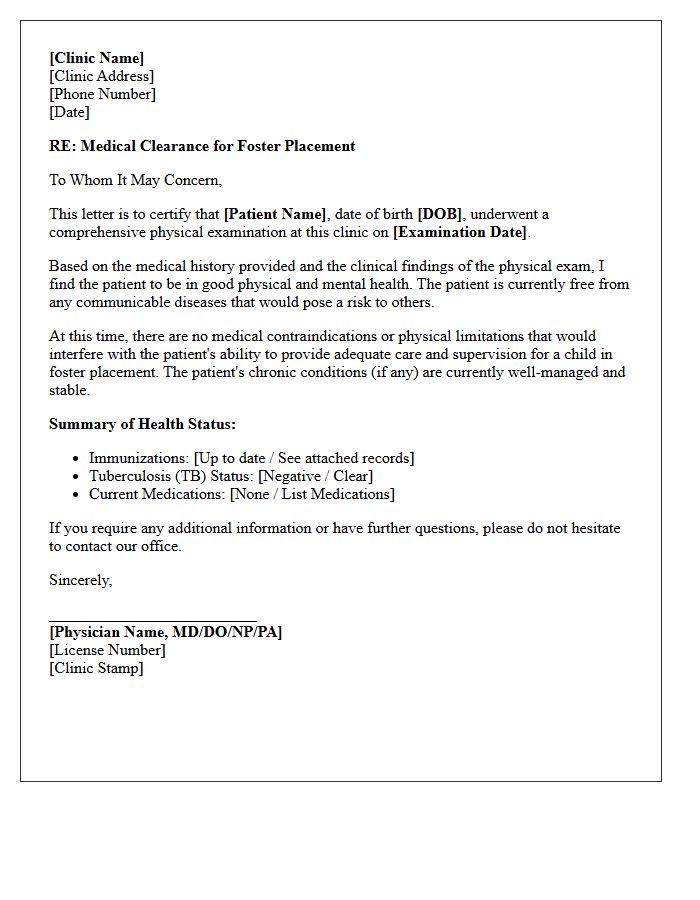 Medical Clinic Clearance Letter for Foster Placement