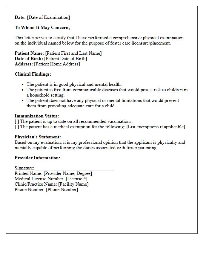 Foster Care Physical Examination Certification Letter