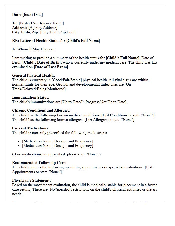 Letter of Health Status for Foster Child Placement