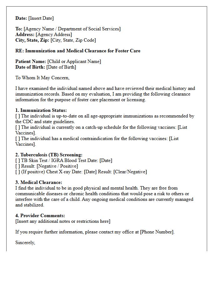 Immunization and Medical Clearance Letter for Foster Care
