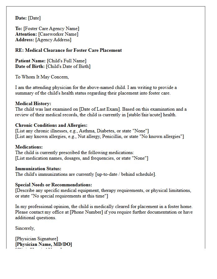 Attending Physician Letter for Foster Child Placement
