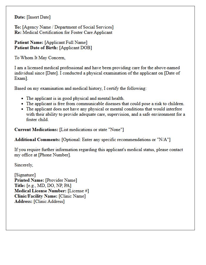 Medical Provider Certification Letter for Foster Care