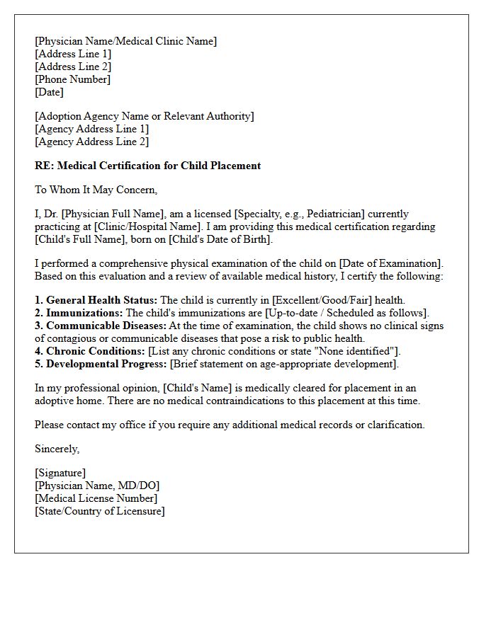 Letter of Medical Certification for Adopted Child Placement