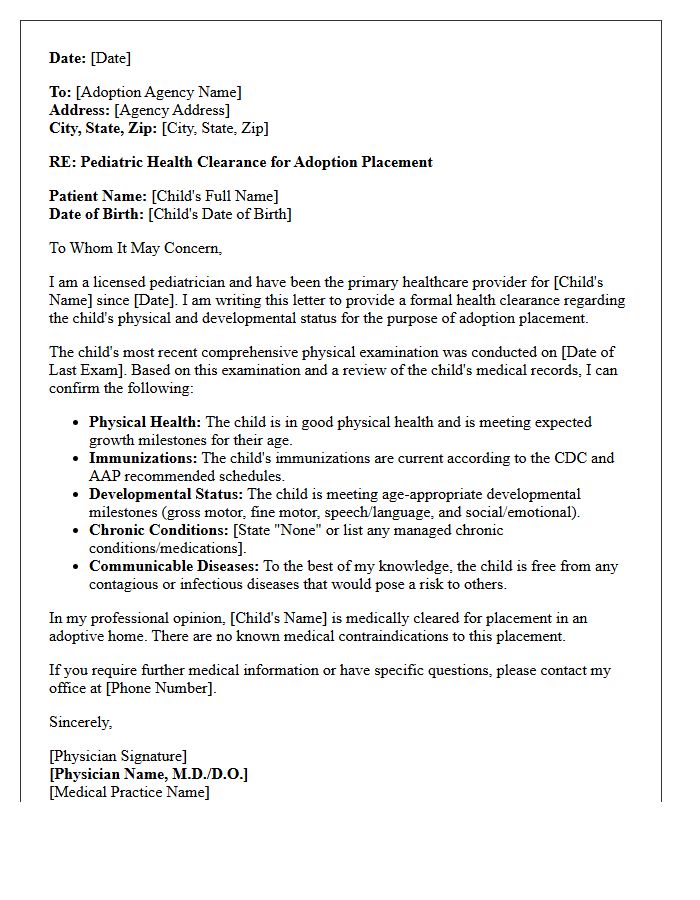 Pediatric Health Clearance Letter for Adoption Placement