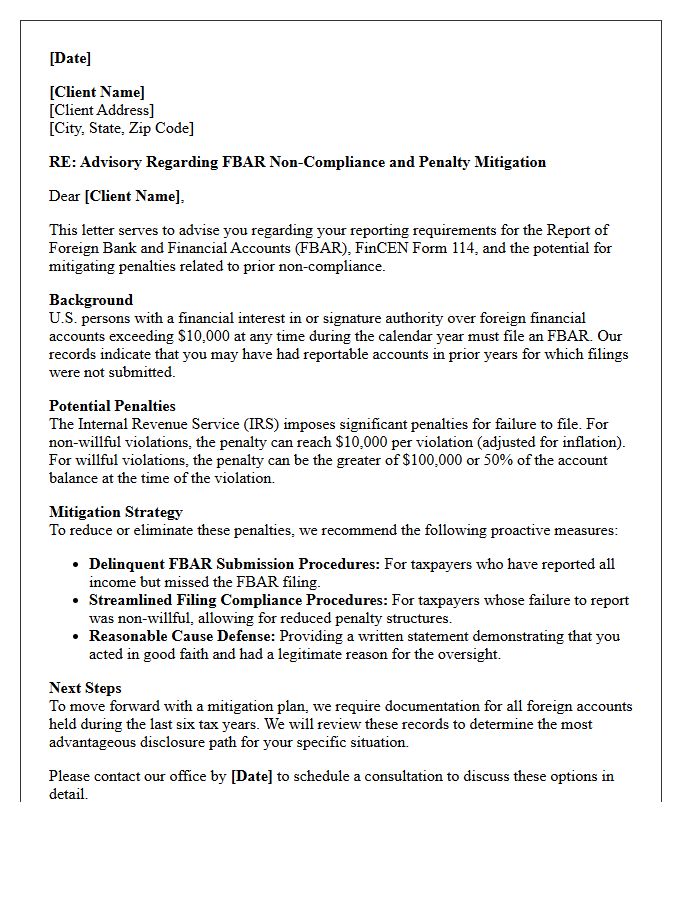 Foreign Bank Account Reporting Penalty Mitigation Advisory Letter