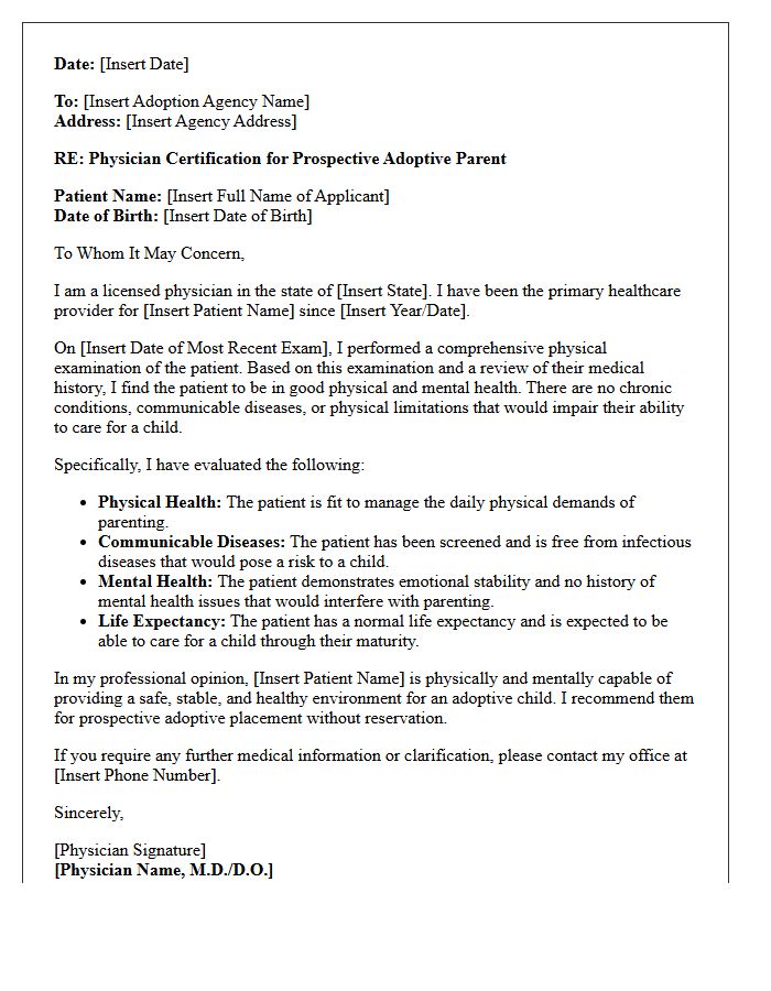 Physician Certification Letter for Prospective Adoptive Placement