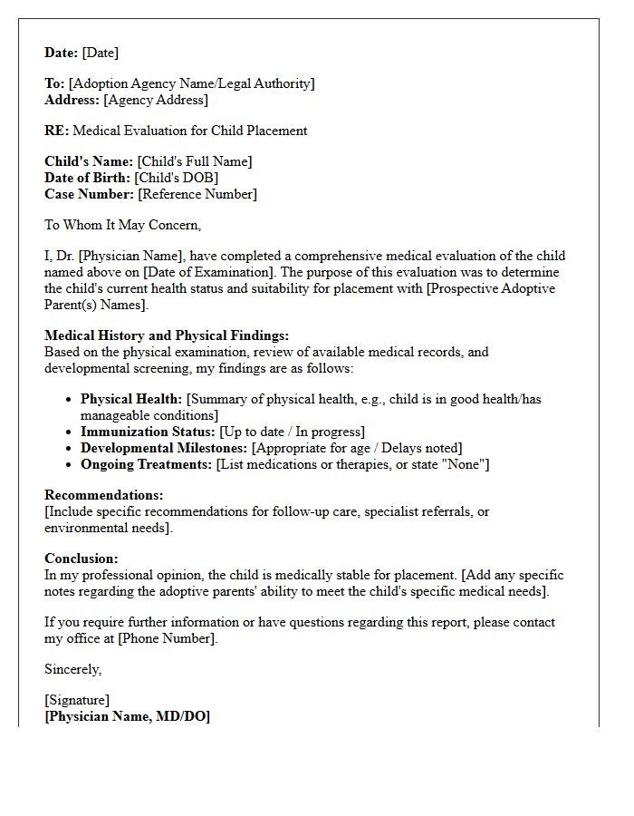 Adopted Child Placement Medical Evaluation Letter